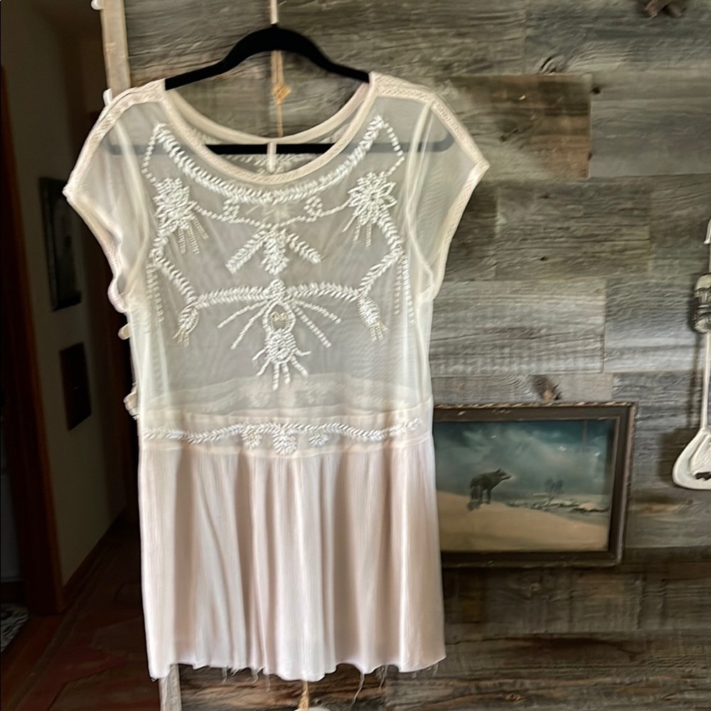 Free People Cream and White Embroidered Top